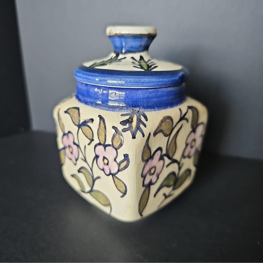 Hand Painted Jerusalem Old City Ceramic Floral Lidded Jar Signed Glossy